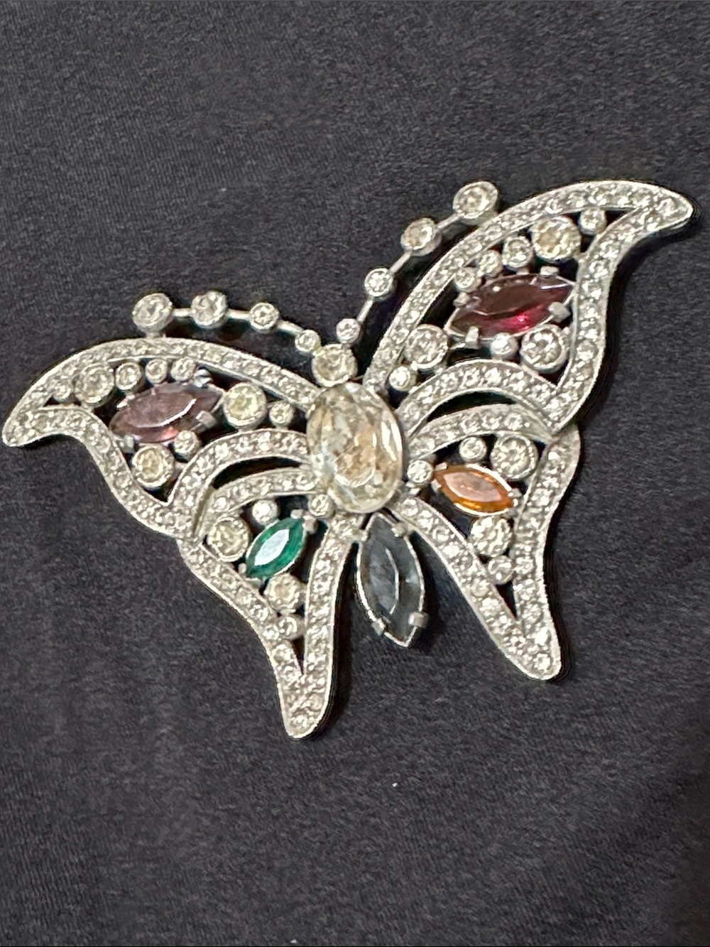Pot Metal Butterfly Large Brooch w/Multicolor Prong set & Bezel set Rhinestones